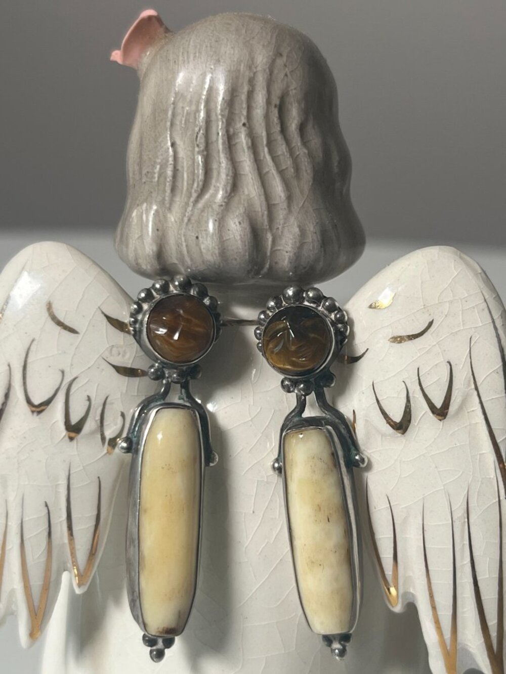 Sterling Silver White Agate Tiger’s Eye Southwestern Dangle Earrings